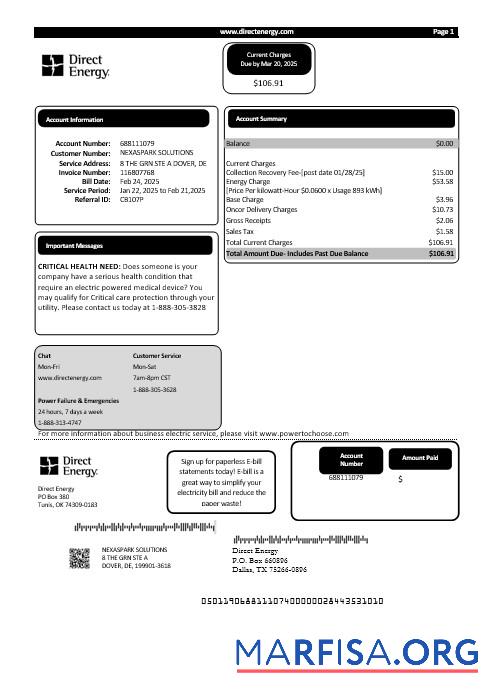 Blank USA Texas Direct Energy business utility bill template in Word and PDF formats